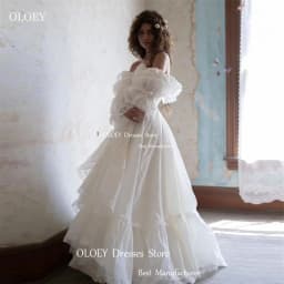 OLOEY Vintage Customized Chiffon Lace Ruched A Line Wedding Dresses Strapless Three Quarter Sleeve Floor Length Bride Gowns