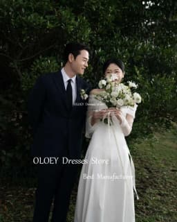 OLOEY Simple A Line Korea Wedding Dresses Photoshoot Long Sleeves Off Shoulder Floor Length Bridal Gowns Corset Back 2024