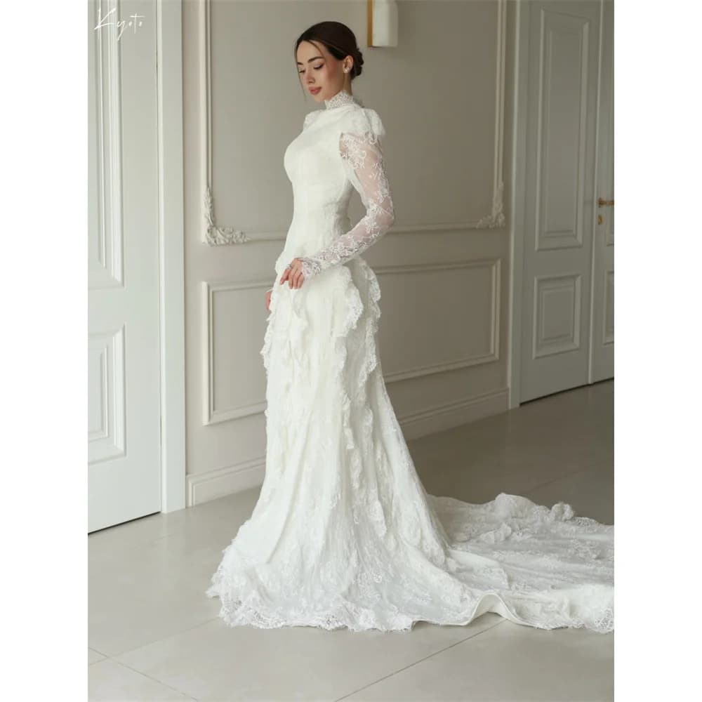 Kyoto Customized White Elegant Tiered Mermaid Floral Lace Wedding Dress High Neck vestidos de noche Zip Back robe de mariée 2026