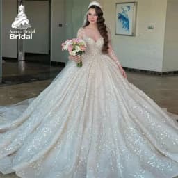 Aurora Customized Elegant Luxury Long Sleeve Dubai Wedding Dress Ball Gown Sequined Beading Illusion Saudi Arabic Bridal Gown