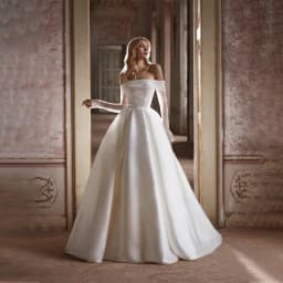Customized Shimmering Sequin Wedding Dress Off-the-Shoulder Long Sleeves Shiny Satin Bridal Gown Features Pockets Sweep Train