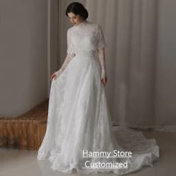 Saudi Arabian Pearls Lace Wedding Dress Customized High Neck Full Sleeves Court Train A Line vestidos de novia Bridal Gown