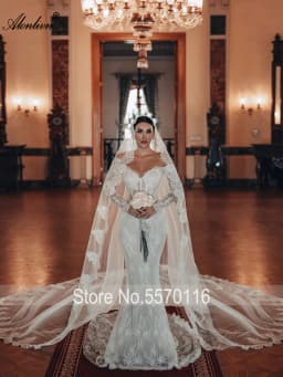 Alonlivn Custom Made Sweetheart Mermaid Wedding Dress With Beaded Appliques Off Shoulder Full Sleeves Trumpet Bridal Gowns