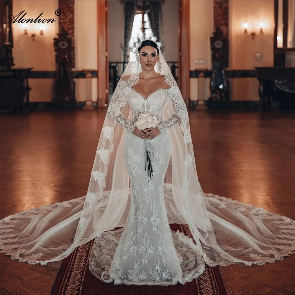 Alonlivn Custom Made Sweetheart Mermaid Wedding Dress With Beaded Appliques Off Shoulder Full Sleeves Trumpet Bridal Gowns
