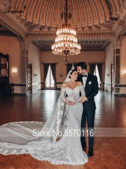 Alonlivn Custom Made Sweetheart Mermaid Wedding Dress With Beaded Appliques Off Shoulder Full Sleeves Trumpet Bridal Gowns