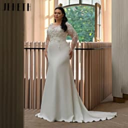 JEHETH Mermaid Scoop Wedding Dresses Plus Size Satin Full Sleeves Bridal Gowns Simple Appliques Exquisite Lace Customized