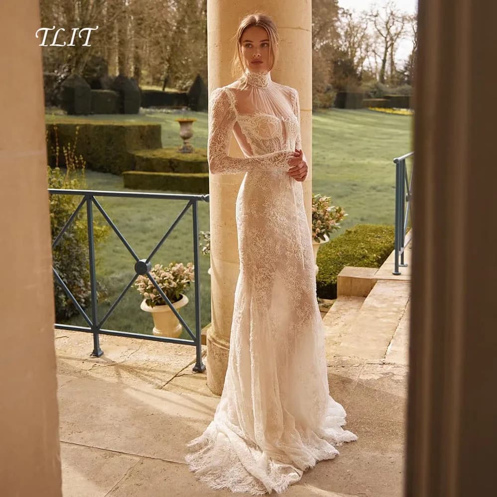 TLIT Luxurious Lace Mermaid Wedding Dresses Customized Long O-Neck فساتين زفاف Long Lace Sleeve Backless Bridal Gowns
