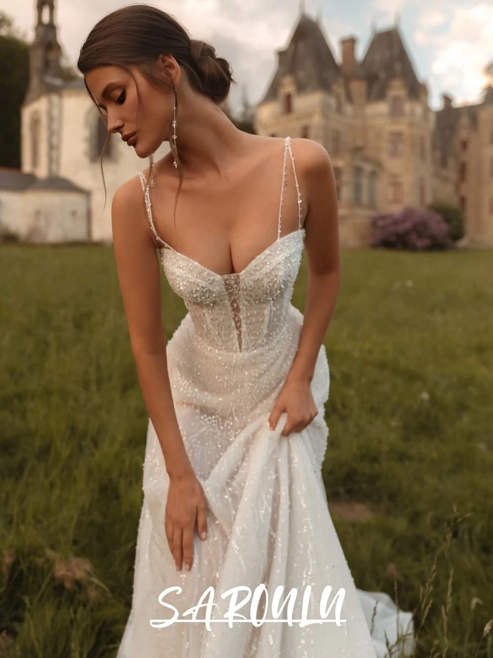 2026 Dazzling A Line Lawn Wedding Dress With Thin Straps Customized Bridal Gown Zipper Back Beaded Romantic Bride Wear