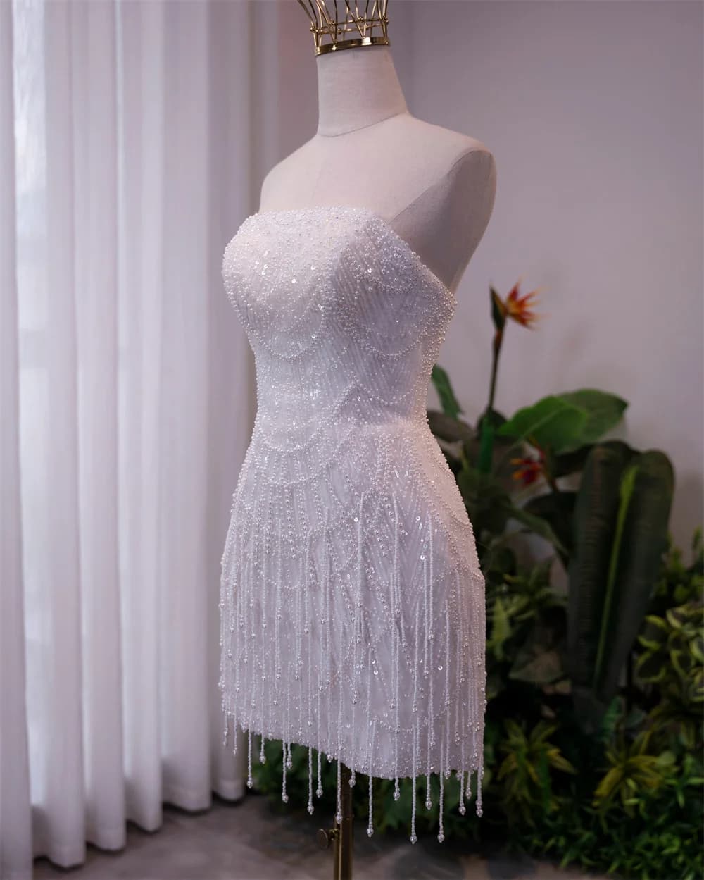 Kyoto Customized White Luxury Beaded Tassel Wedding Dress Strapless Mini vestidos de noche Lace-Up Back After Party Gown 2026