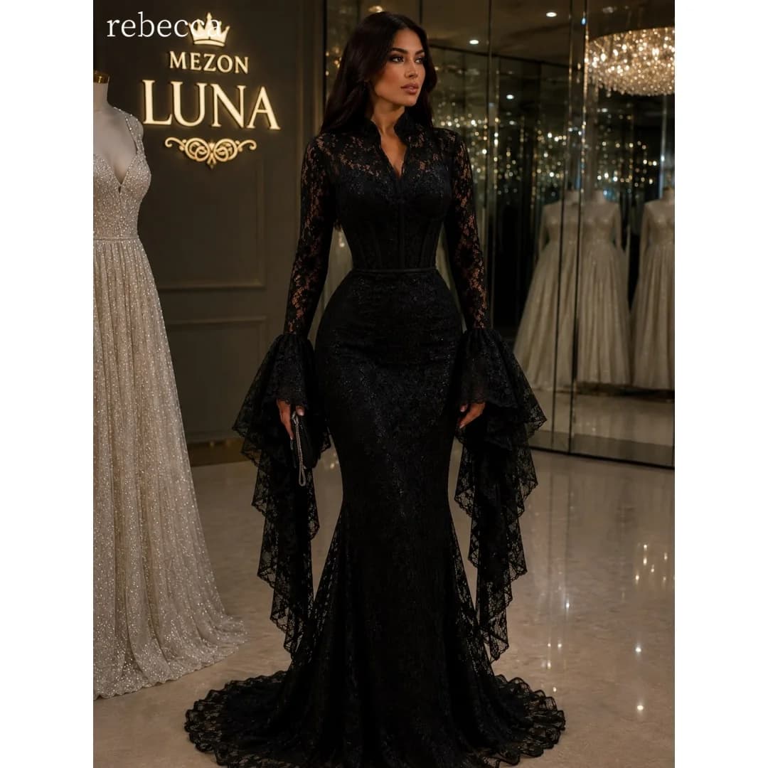 Rebecca Customized Long Ruffled Bell Sleeves Prom Dress Sweep Train vestidos de noche All‑Over Lace Ruffled Bell Sleeves Formal
