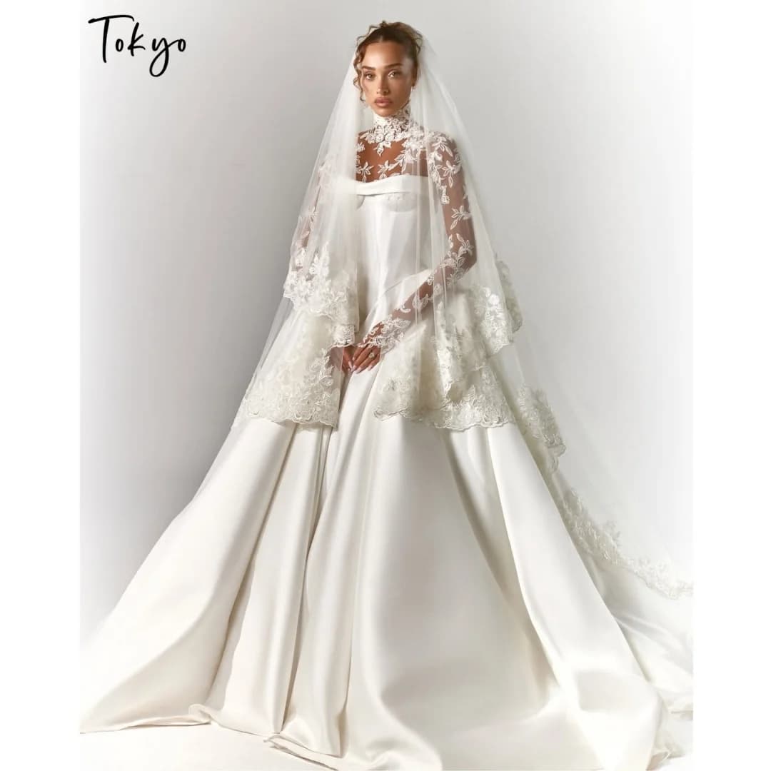 Tokyo Customized Cathedral Train Ball Gown Wedding Dress Lace Appliques vestidos de noche High Neck Long Sleeve Evening Dresses