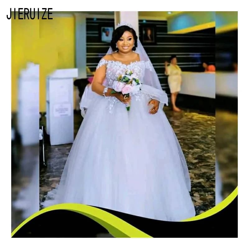 JIERUIZE White Lace appliqués Africa Wedding Dresses Scoop Neck Long Sleeves Plus Size Wedding Gowns customized