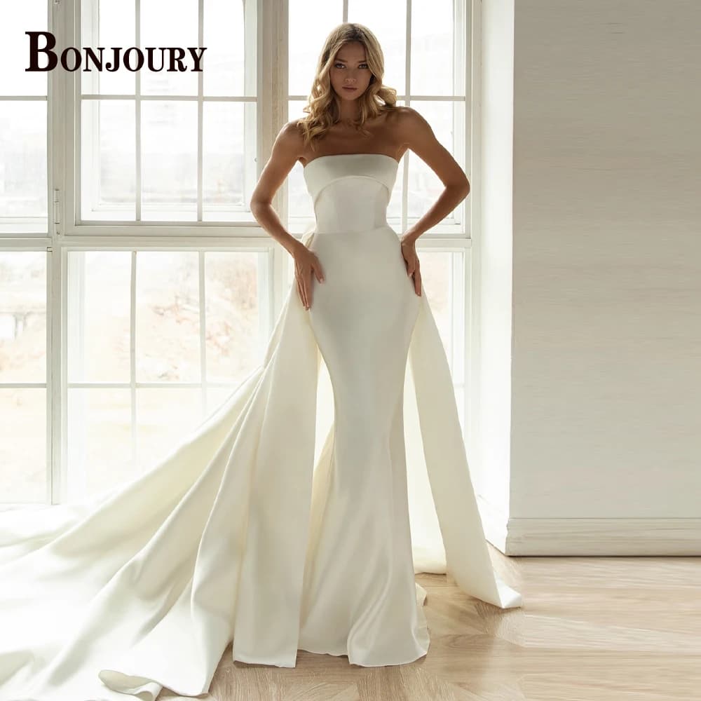 BONJOURY Chic Wedding Dress for Women Mermaid Zipper Bowknot Sleeveless Detachable Train Satin Robe De Mariee Customized