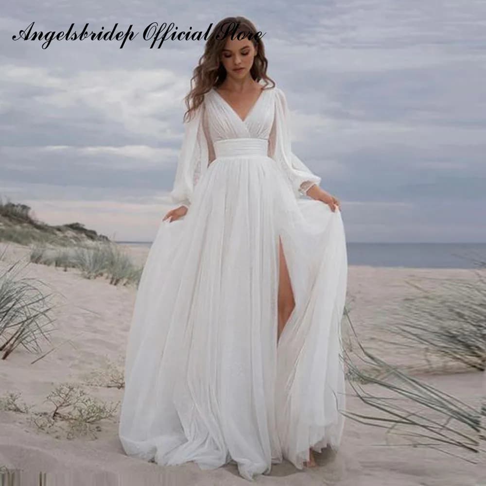 Tulle Beach Long Sleeves Wedding Dresses Customized 2025 Sexy Split Train Simple Bridal Gowns Boho Backless Robe De Mariée