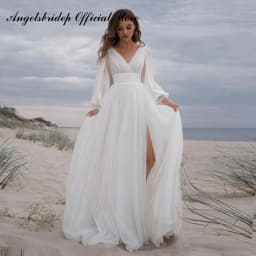 Tulle Beach Long Sleeves Wedding Dresses Customized 2025 Sexy Split Train Simple Bridal Gowns Boho Backless Robe De Mariée