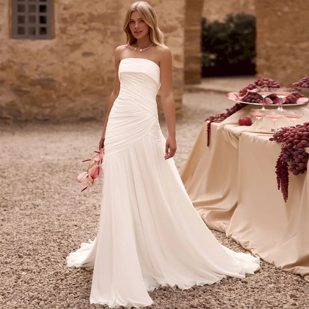 Simple Customized Chiffon Ruched Bridal Gowns Fashion Strapless Sleeveless Wedding Dress Elegant A-Line Pleats Vestido De Novia