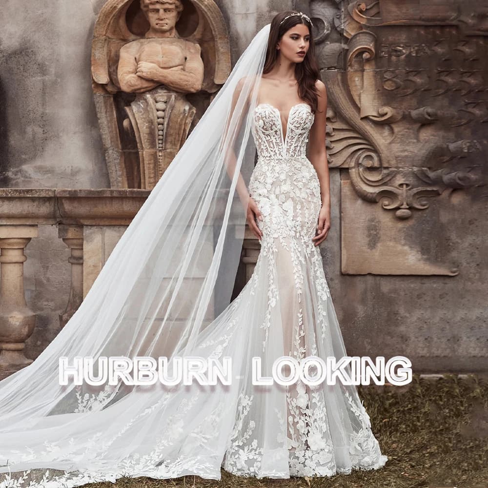 HERBURN Vintage Sweetheart Wedding Dresses for Women Court Train Zipper Lace Appliques Mermaid Vestido De Noiva Customized