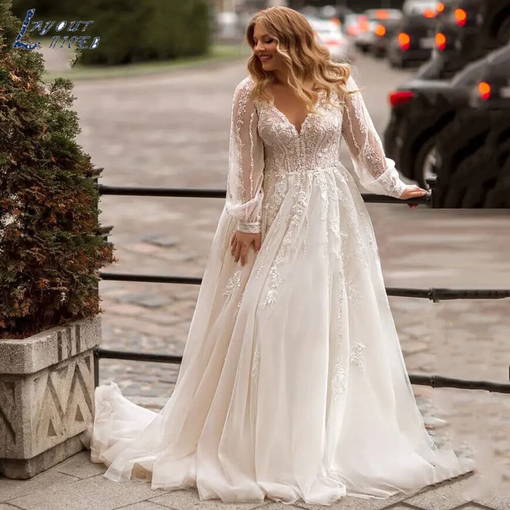 LAYOUT NICEB Vintage A-Line Plus Size Wedding Dresses Classic Long Puff Sleeves Bridal Gowns Backless Tulle Robe De Mariee 2024