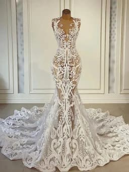 Customized 2025 Latest Perspective Sexy Mermaid Custom Wedding Dress Bridal Dress Lace Stickers African Nigerian Court Tail