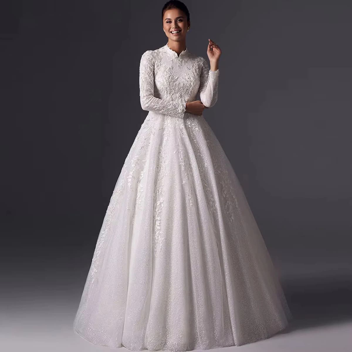 JEHETH Muslim A-line Wedding Dress Satin Wedding Dress High Neck Wrinkle Stickers Full Set Wedding Dress Simple 2025 Customized