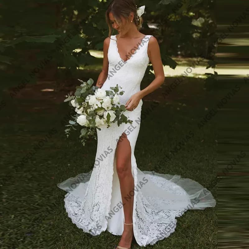 Long Mermaid Lace Boho Weddings Dresses Bridal V Neckline with Split Lace Wedding Gown Vestidos De Novia boda