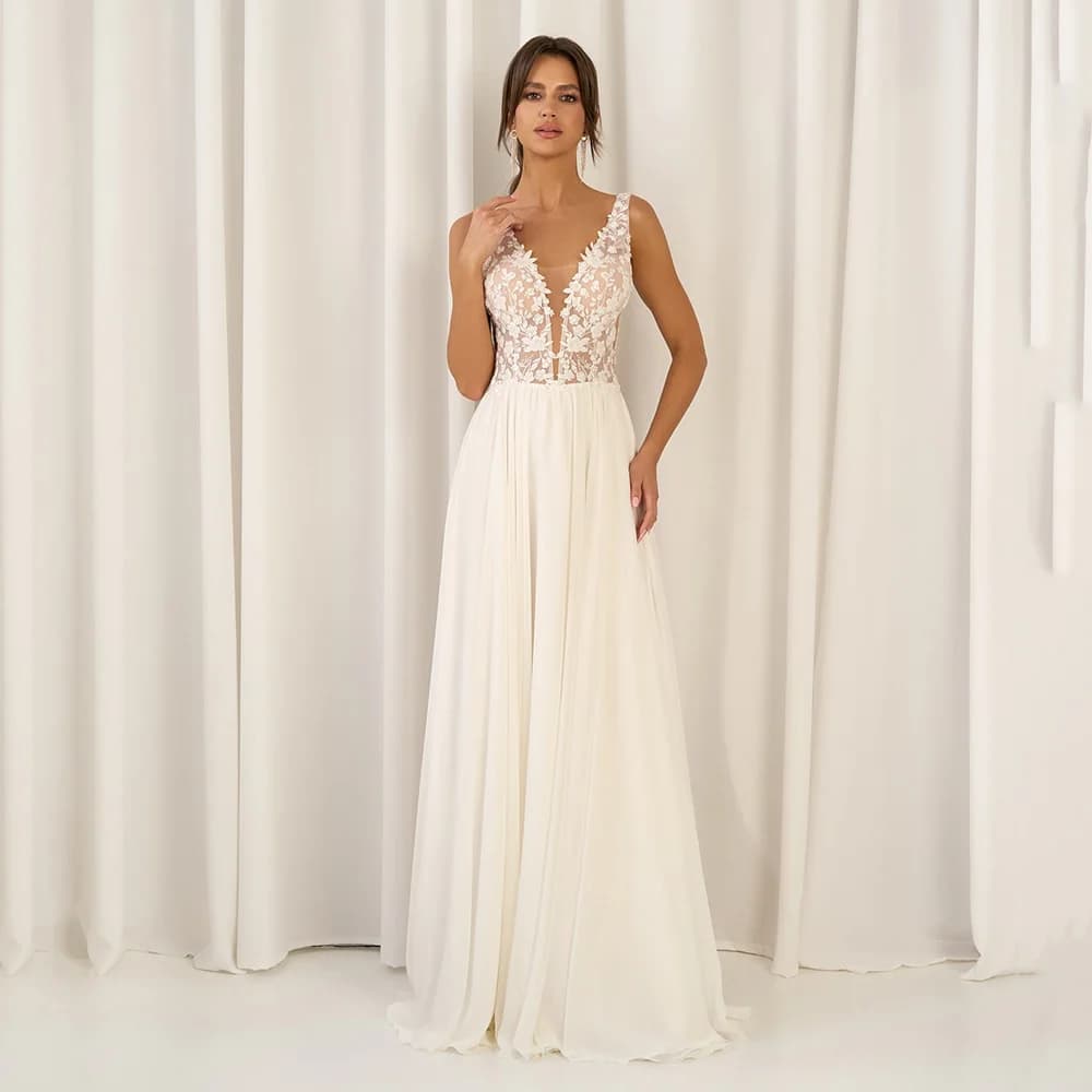 Modern Wedding Dresses 2026 V Neck Lace Appliques Backless Beach Boho Bridal Dresses Women's Duabi Brides Dress Customized