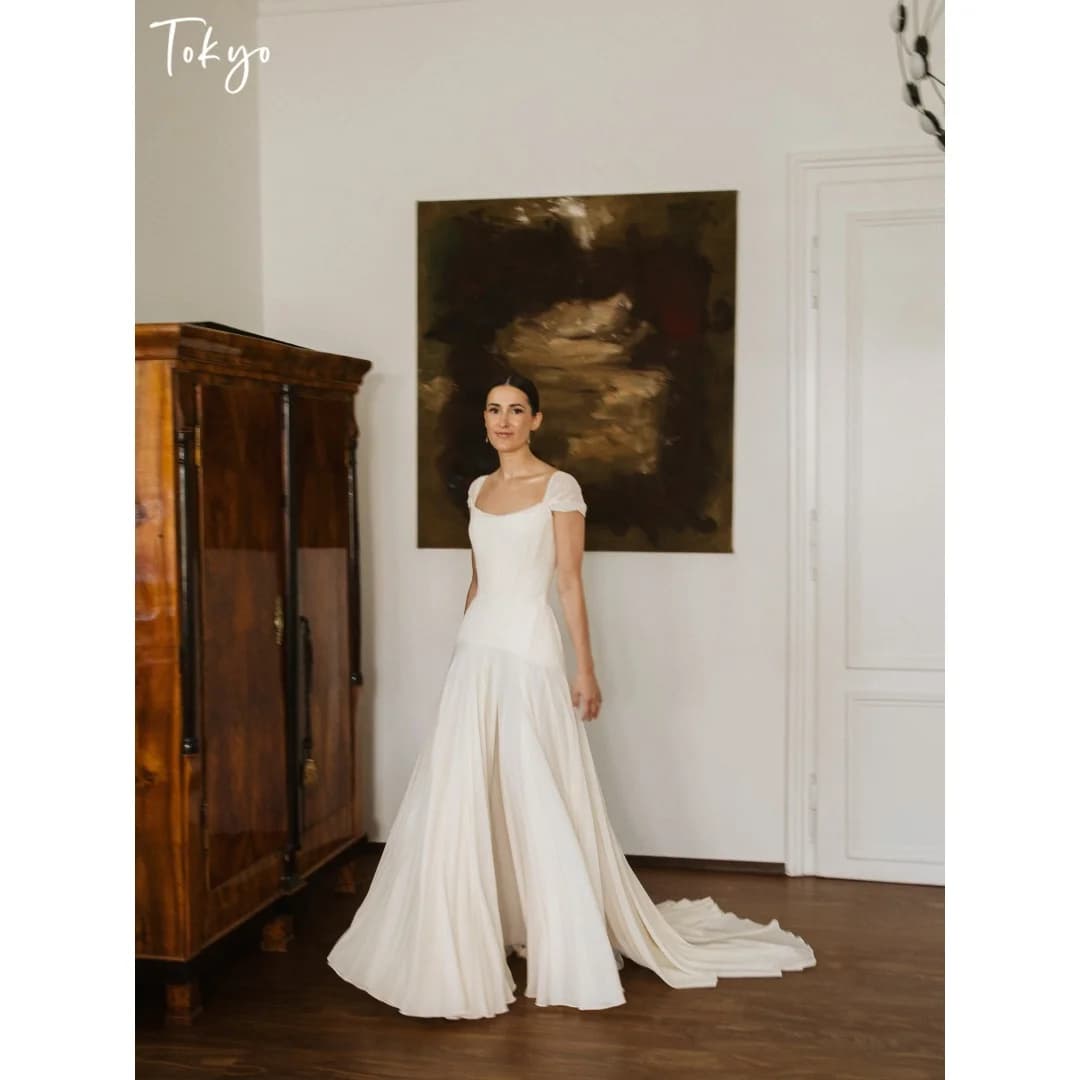Tokyo Customized Square Collar Waist Cinching Wedding Dress Draped vestidos de noche Court Train Short Sleeve Evening Dresses