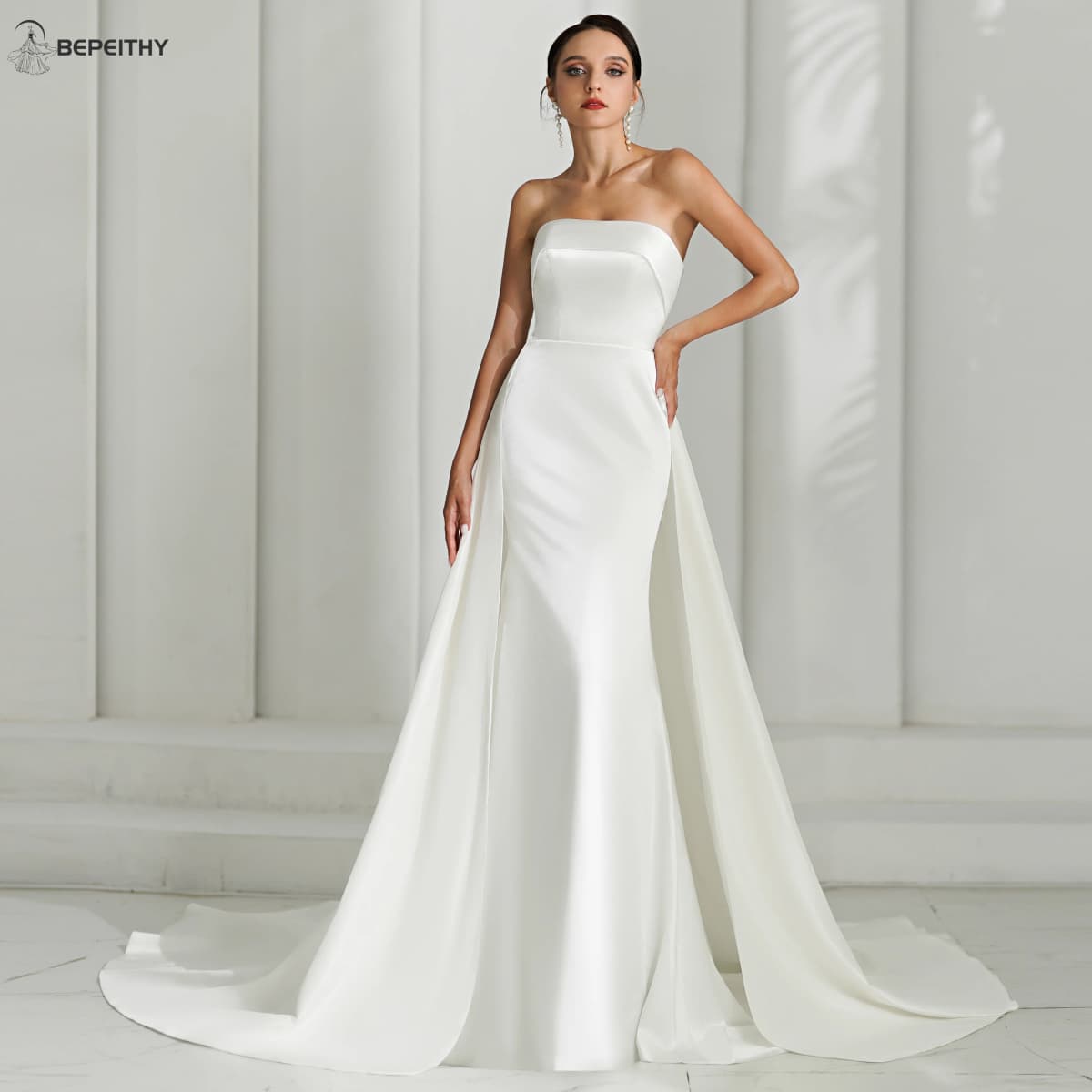 BEPEITHY Customized Mermaid Ivory Satin Wedding Dresses For Women 2026 Classic Strapless Plus Size Bridal Gown With Train