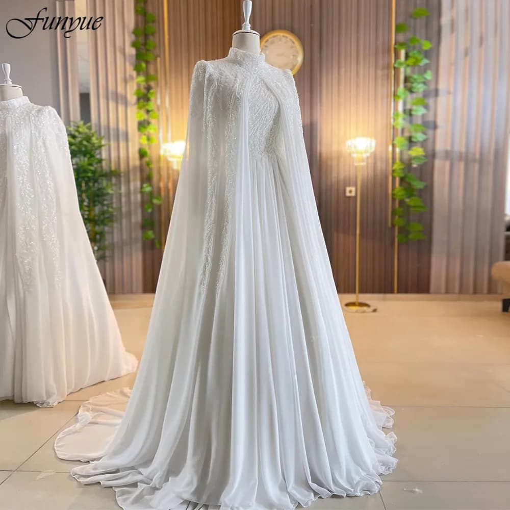Funyue Luxury Long Sleeves Muslim A-Line Wedding Dress 2026 Beaded Chiffon High Neck Arabic Bride Gowns with Cape Robe De Mariée