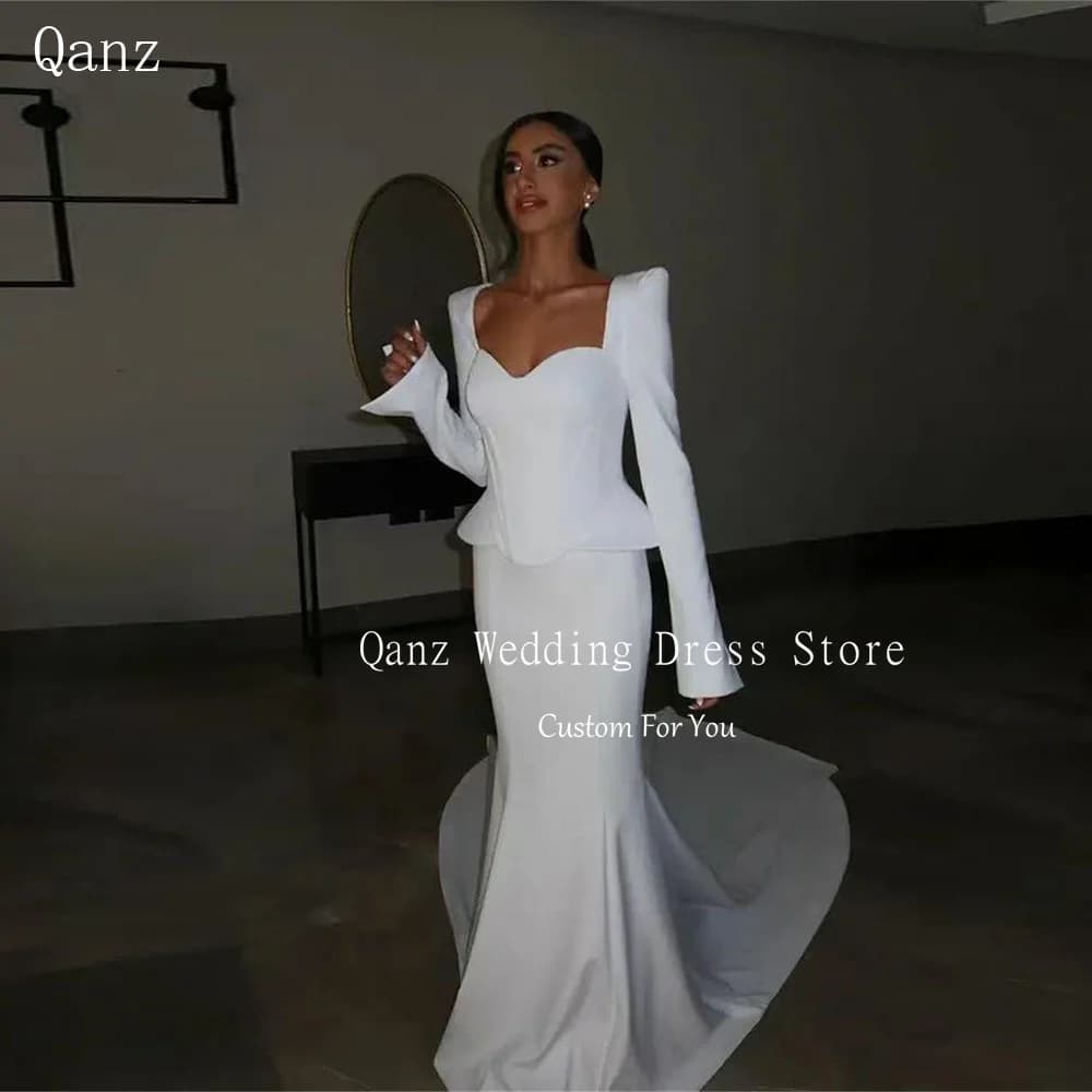 Qanz White Sheath Wedding Dresses Sweetheart Satin Long Sleeves Vestidos De Novia Boda Mermaid Corset Bridal Gowns Customized