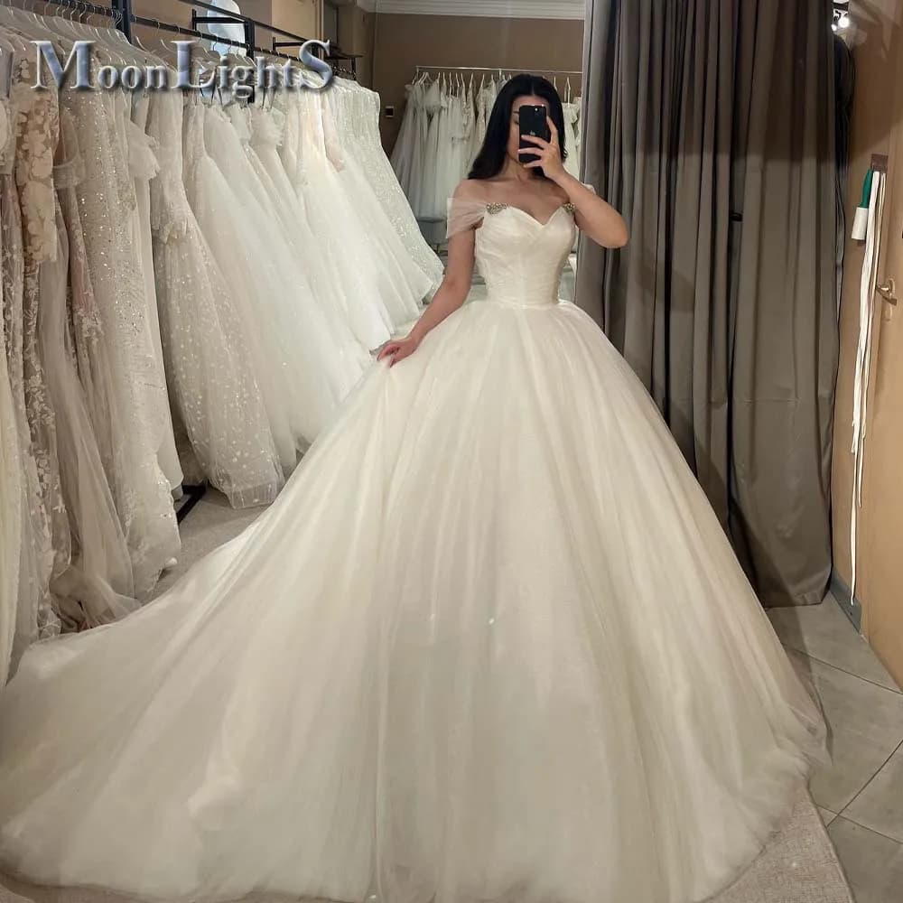 Moonlight Modern Wedding Gowns for Mariages Off the Shoulder Pleat Rhinestones Lace up Royal Train Suknia Slubna Customized