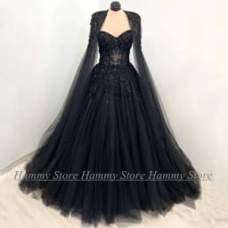 Exquisite Gothic Wedding Dress Customized Sweetheart Stones Beading Black A Line Corset Bridal Gown with Detachable Tulle Cape