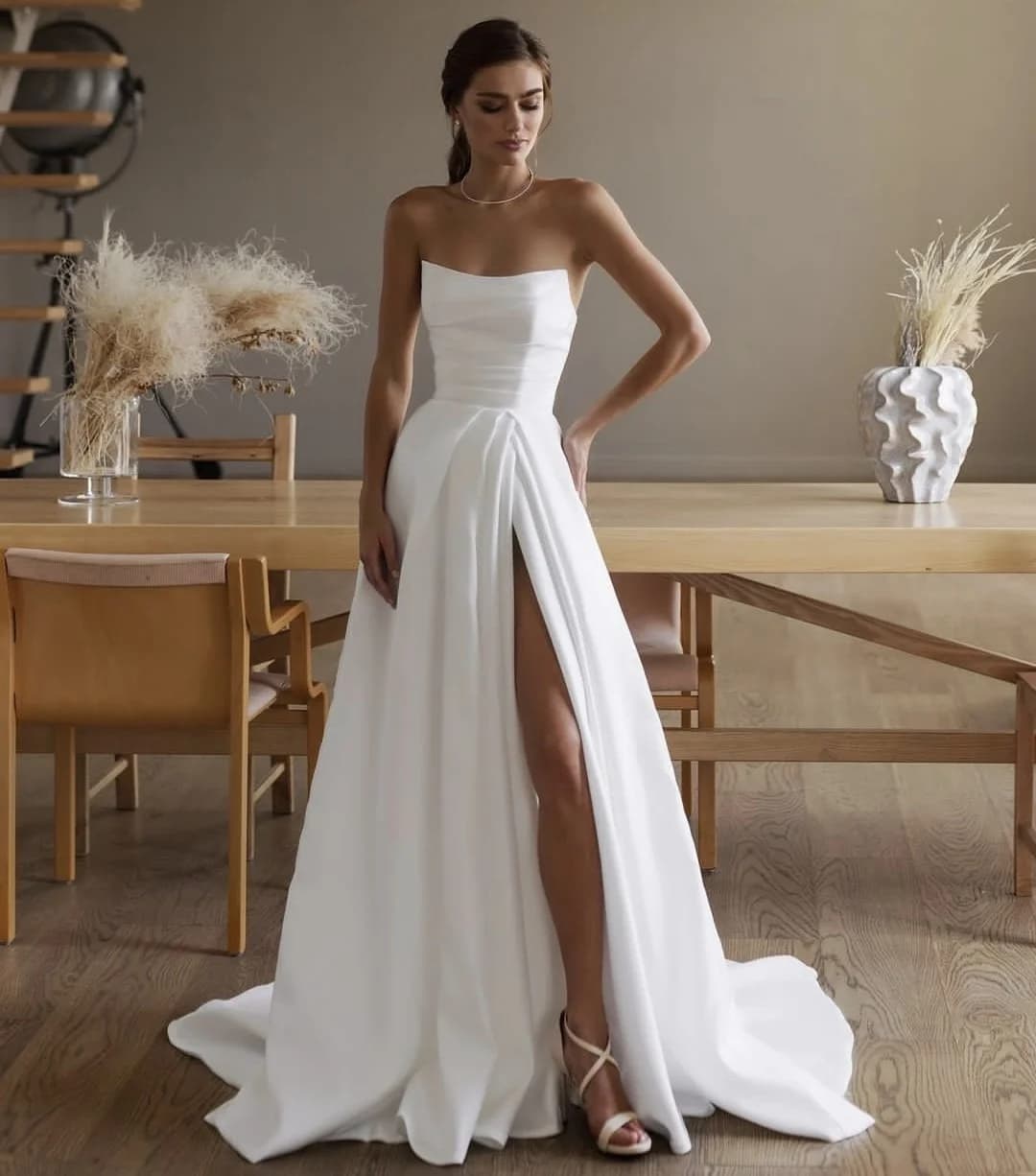 Customize To Measures A-Line Wedding Dress Satin Side Slit Floor Length Pleat Side Slit Bridal Gowns Stunning Pleat Stunning