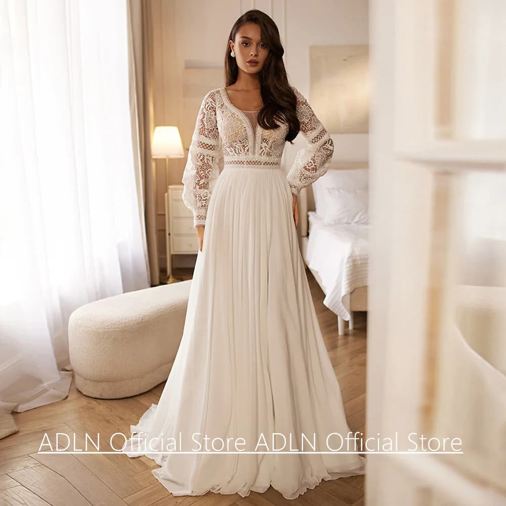 New Boho Wedding Dress for Woman Bride Customized Puff Sleeeves V Neck Lace Applique Chiffon A Line Beach Bridal Gown