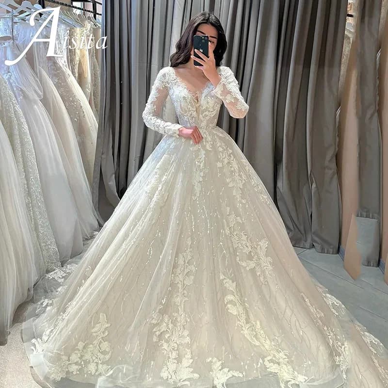 Boho Wedding Dresses Long Sleeves Lace Appliqued V-Neck 2026 A-Line Gown Elegant Shiny Bride Dresses Full Length On Sale