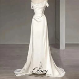OLOEY Customized Minimal Off The Shoulder Satin Bridal Gown Mermaid Short Sleeve Korea Wedding Dress Photo Shoot Lawn Wedding
