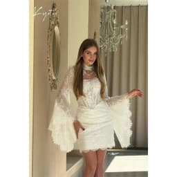 Kyoto Customized Off-white Fairy Lace Mini Wedding Dress Detachable Bell Sleeves vestidos de noche Pearl Chain After Party Gown