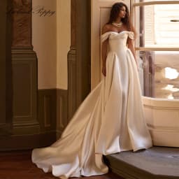Lceland Poppy Customized A Line Mikado Satin Wedding Dresses Off the Shouler Bridal Gowns with Chapel Train