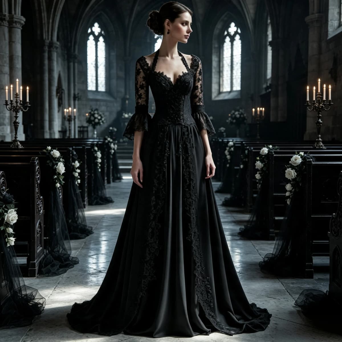 Customized Elegant Gothic Wedding Dresses for Bride 3/4 Sleeves Black Lace Appliques Bridal Gowns A-Line Sweet Wedding Gowns