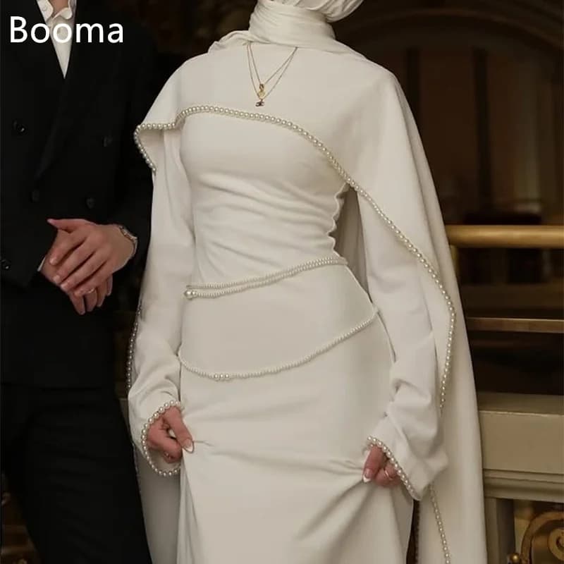 Booma Mermaid Long Pearls Simple Wedding Dresses Long Sleeve Pleat Elegant Brides Gown Custom Made 2025