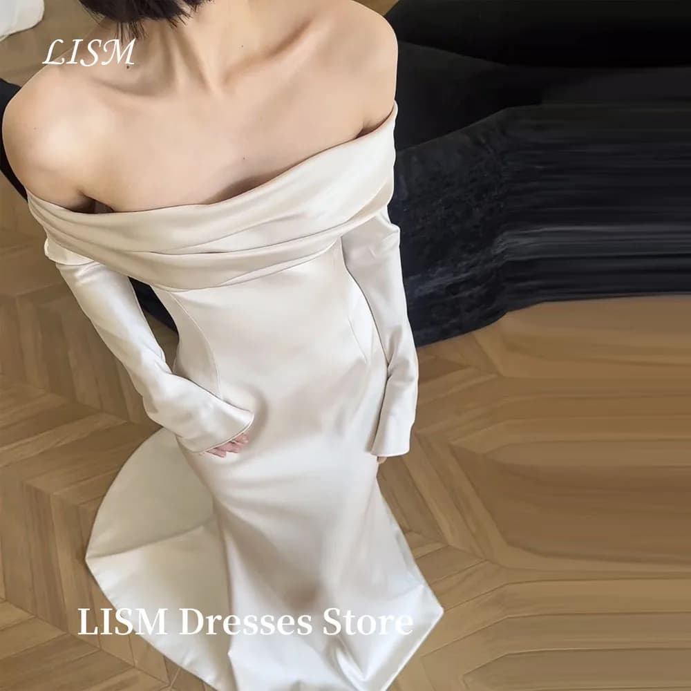 LISM Simple Mermaid Korea Wedding Dresses One Line Collar Soft Satin Off Shoulder Long Sleeves Elegant Evening Gowns Customized