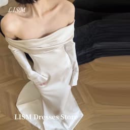 LISM Simple Mermaid Korea Wedding Dresses One Line Collar Soft Satin Off Shoulder Long Sleeves Elegant Evening Gowns Customized