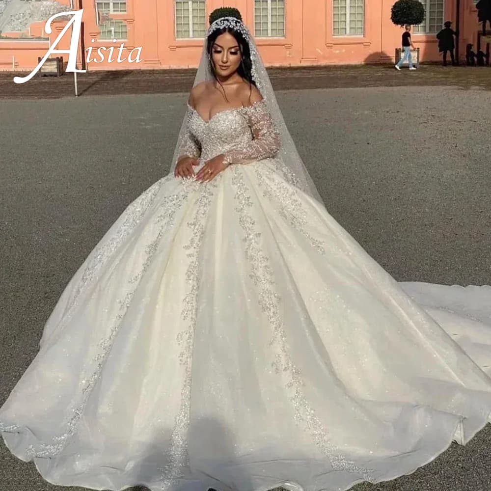 Customized Sweetheart wedding Dresses 2025 Off The Shoulder Sparkly Sequins Bride Gown Ball Gown A-Line Robe Vestido De Novia