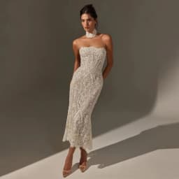 OLOEY Luxury Ivory Lace Mermaid Wedding Dresses Sexy Strapless Sleeveless Tea-Length Bridal Gowns Vestidos De Novia
