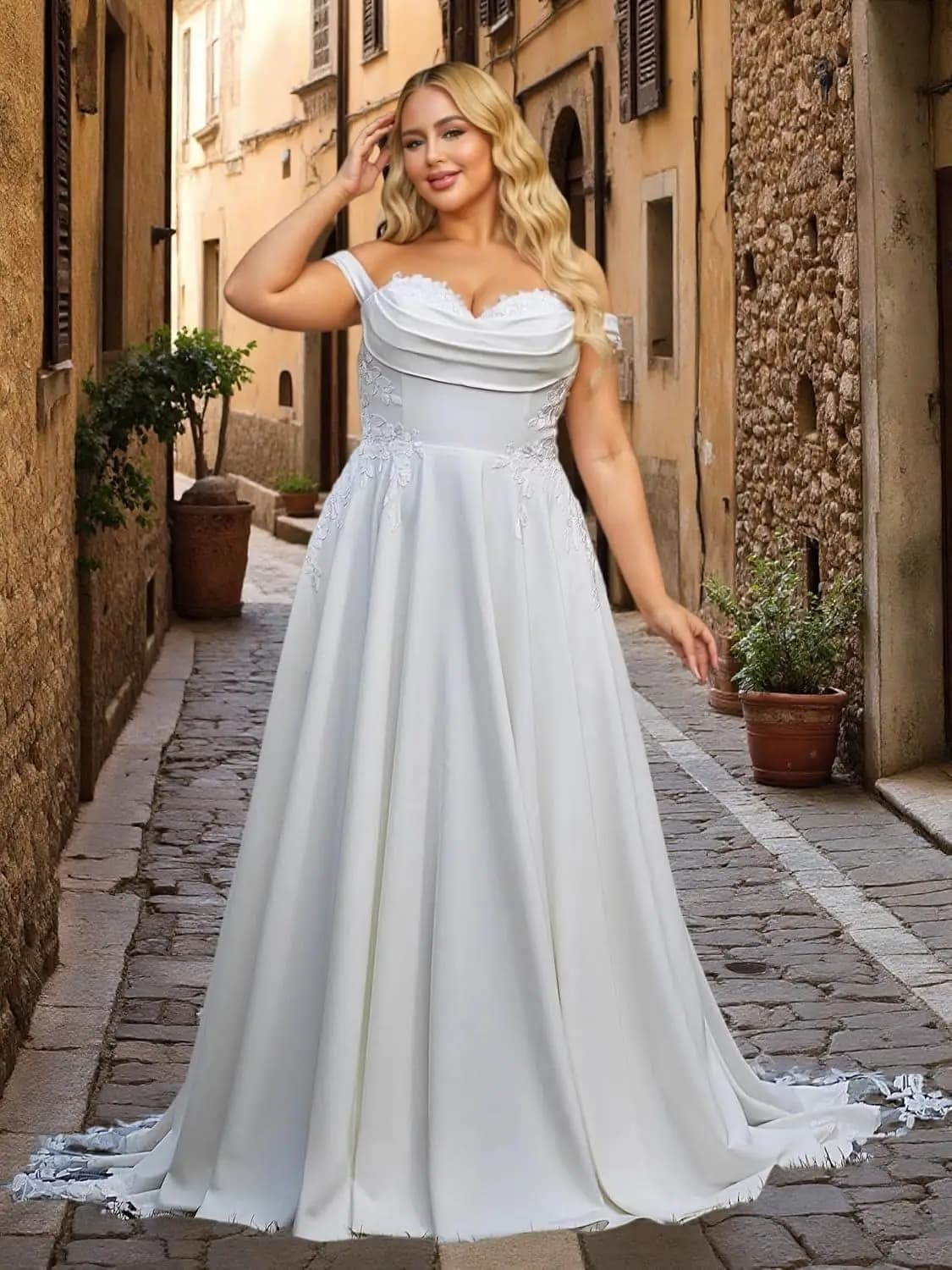 Elegant Off Shoulder Satin Wedding Dresses for Bride with Pockets Corset A Line Bridal Gown with Train
