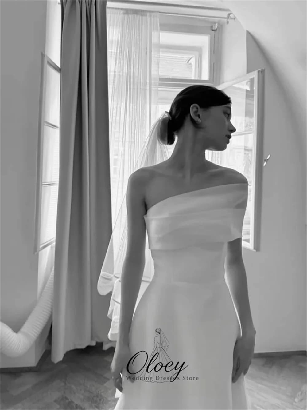 OLOEY Asymmetric Off The Shoulder Simple Korea Wedding Dress Photo Shoot 웨딩드레스 Customized A-Line Bridal Gown Lawn Wedding