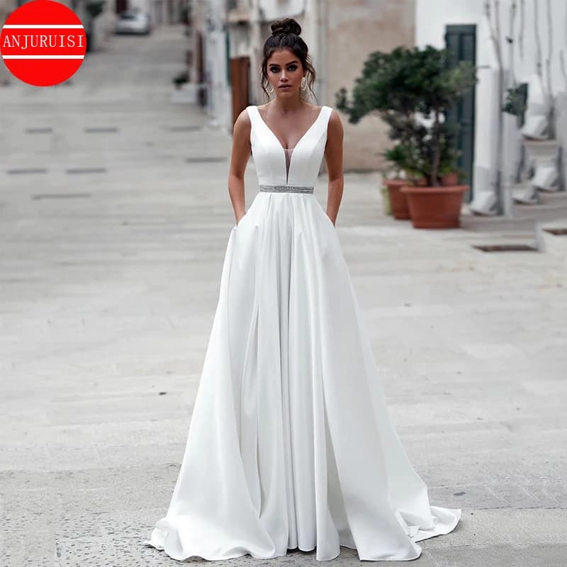 Simple A Line Wedding Gown For Women 2026 V Neck Soft Satin Wedding Dress Reception Party Bride Gown Vestido De Noiva