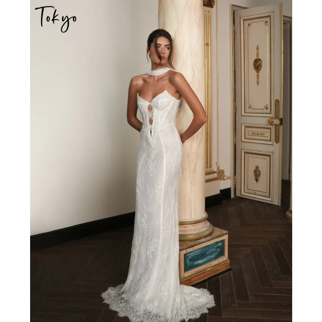 Tokyo Customized Scalloped Lace Hem Wedding Dress Bust cut‑out vestidos de noche Halter Neck Sleeveless Evening Dresses 2026