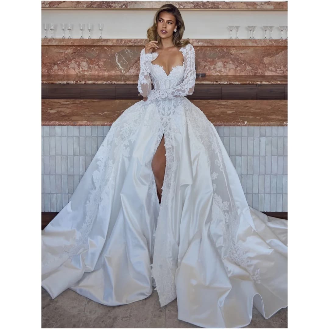 Long Sleeves Lace Corset Wedding Dresses Front Slit Bridal Gown Satin Floor Length Elegant robe de mariée Customized