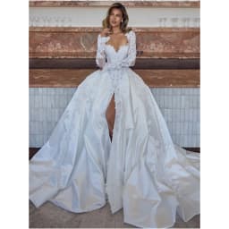 Long Sleeves Lace Corset Wedding Dresses Front Slit Bridal Gown Satin Floor Length Elegant robe de mariée Customized